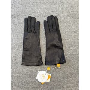 Santacana Madrid Women 7M Black Leather Gloves Lined Lambskin Spain Fabric‎